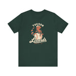 Tucson Lizards Premium Lightweight T-Shirt in forest with the Tucson Lizards logo, a striped lizard in a ball cap lounging on a baseball on the front