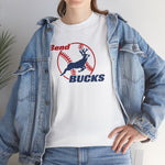Bend Bucks Heavyweight T-Shirt in white with the Bend Bucks logo, a leaping buck over a red-stitched baseball on the front, worn by model