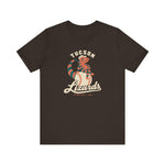 Tucson Lizards Premium Lightweight T-Shirt in brown with the Tucson Lizards logo, a striped lizard in a ball cap lounging on a baseball on the front