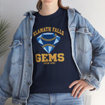Klamath Falls Gems Heavyweight T-Shirt in navy with the Klamath Falls Gems logo, a blue diamond gem with baseball stitching on the front, worn by model
