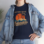 Daytona Beach Islanders Heavyweight T-Shirt in navy with the orange sunset behind a palm island with stitched baseball waves on the front, worn by model