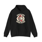 Spokane Smoke Eaters Hoodie in black with the Spokane Smoke Eaters logo, a Dalmatian in a red fire helmet and bandana blowing smoke on the front