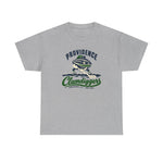 Providence Clamdiggers Heavyweight T-Shirt in sport grey with the Providence Clamdiggers logo, a quahog clam character in a green cap raking a Narragansett Bay mudflat, with Clamdiggers in green script on the front