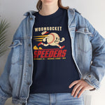 Woonsocket Speeders Heavyweight T-Shirt in navy with the Woonsocket Speeders logo, a running baseball character with speed lines and its cap flying off, over Speeders in bold red italic letters on the front, worn by model
