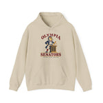 Olympia Senators Hoodie in sand with the Olympia Senators logo, a bearded senator in a frock coat at a podium with a bat on the front