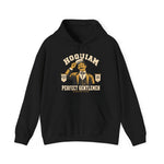 Hoquiam Perfect Gentlemen Hoodie in black with the Hoquiam Perfect Gentlemen logo, a mustached gentleman in a straw boater tipping his hat between two pennants on the front