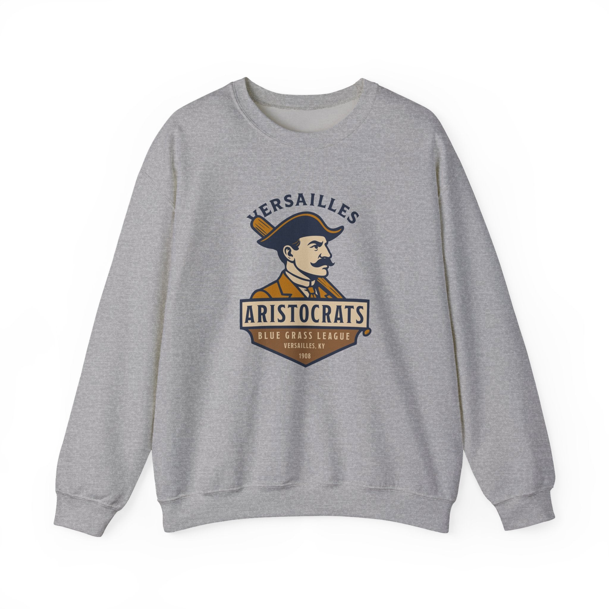 Gray crewneck sweatshirt featuring vintage Versailles Aristocrats baseball team logo in blue and gold colors