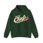 Wenatchee Chiefs Hoodie in forest green with the Wenatchee Chiefs logo, script lettering with an apple stitched like a baseball on the front