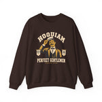 Hoquiam Perfect Gentlemen Crewneck Sweatshirt in dark chocolate with the Hoquiam Perfect Gentlemen logo, a mustached gentleman in a straw boater tipping his hat between two pennants on the front