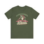 Albuquerque Dons Premium Lightweight T-Shirt in military green with the Albuquerque Dons logo, a caped ballplayer bowing with his hat swept off in front of pink mountains, with Dons in cream script on the front