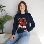 Phoenix Stars Crewneck Sweatshirt in navy with the Phoenix Stars logo, a red phoenix bird holding a bat, ringed by stars on the front, worn by model