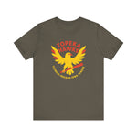 Topeka Hawks vintage defunct baseball team t-shirt with yellow hawk and red text on olive green Bella Canvas tee