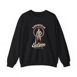 Louisville Eclipse Crewneck Sweatshirt in black with the Louisville Eclipse logo, an 1880s ballplayer leaning on a bat in front of a red sunburst on the front