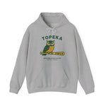 Gray Topeka Owls hoodie with vintage owl and baseball bat graphic for defunct team, soft cotton blend, unisex fit.