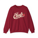 Wenatchee Chiefs Crewneck Sweatshirt in cardinal red with the Wenatchee Chiefs logo, script lettering with an apple stitched like a baseball on the front