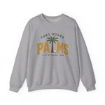 Fort Myers Palms Crewneck Sweatshirt in sport grey with the palm tree between bold gold block letters with a baseball on the front