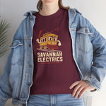 Savannah Electrics Heavyweight T-Shirt in maroon with the yellow cartoon trolley car mascot swinging a bat with sparks on the front, worn by model