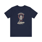 Louisville Eclipse Premium Lightweight T-Shirt in navy with the Louisville Eclipse logo, an 1880s ballplayer leaning on a bat in front of a red sunburst on the front