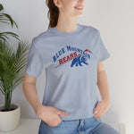 Blue Mountain Bears Premium Lightweight T-Shirt in light blue with the Blue Mountain Bears logo, a snarling bear below a red mountain peak on the front, worn by model