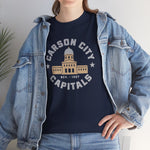 Carson City Capitals Heavyweight T-Shirt in navy with the Carson City Capitals logo, a domed state capitol building inside a ring of block lettering on the front, worn by model