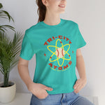 Tri-City Atoms Premium Lightweight T-Shirt in teal with the Tri-City Atoms logo, a baseball at the center of a yellow atom with orbiting electrons on the front, worn by model
