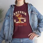 Artesia Numexers Heavyweight T-Shirt in maroon with the Artesia Numexers logo, a roadrunner in a red A cap between Longhorn League and 1954 Champions banners, with Numexers in red block letters on the front, worn by model
