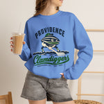 Providence Clamdiggers Crewneck Sweatshirt in carolina blue with the Providence Clamdiggers logo, a quahog clam character in a green cap raking a Narragansett Bay mudflat, with Clamdiggers in green script on the front, worn by model