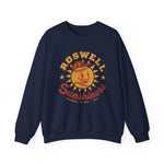Roswell Sunshiners Crewneck Sweatshirt in navy with the Roswell Sunshiners logo, a smiling baseball sun in a red cap, with Sunshiners in red script on the front