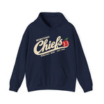 Wenatchee Chiefs Hoodie in navy with the Wenatchee Chiefs logo, script lettering with an apple stitched like a baseball on the front