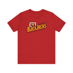 Reno BlackJacks Premium Lightweight T-Shirt in red with the Reno BlackJacks logo, a Jack of Spades holding a bat above slanted BlackJacks lettering on the front