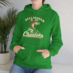 Bellingham Chinooks Hoodie in irish green with the Bellingham Chinooks logo, a leaping chinook salmon in a ball cap above splashing water and script lettering on the front, worn by model