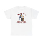 Olympia Senators Heavyweight T-Shirt in white with the Olympia Senators logo, a bearded senator in a frock coat at a podium with a bat on the front