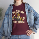 Hoquiam Perfect Gentlemen Heavyweight T-Shirt in maroon with the Hoquiam Perfect Gentlemen logo, a mustached gentleman in a straw boater tipping his hat between two pennants on the front, worn by model