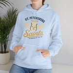 St. Petersburg Saints Hoodie in light blue with the cream winged baseball emblem with a halo on the front, worn by model