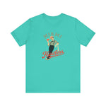 Miami Hustlers Premium Lightweight T-Shirt in teal with the mustached man in a striped vest holding playing cards and a bat on the front