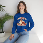 Yakima Packers Crewneck Sweatshirt in royal with the Yakima Packers logo, a ballplayer holding a bat and a crate of apples on the front, worn by model