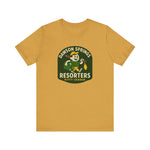 Mustard yellow Dawson Springs Resorters vintage baseball T-shirt with retro cartoon mascot and KITTY League text