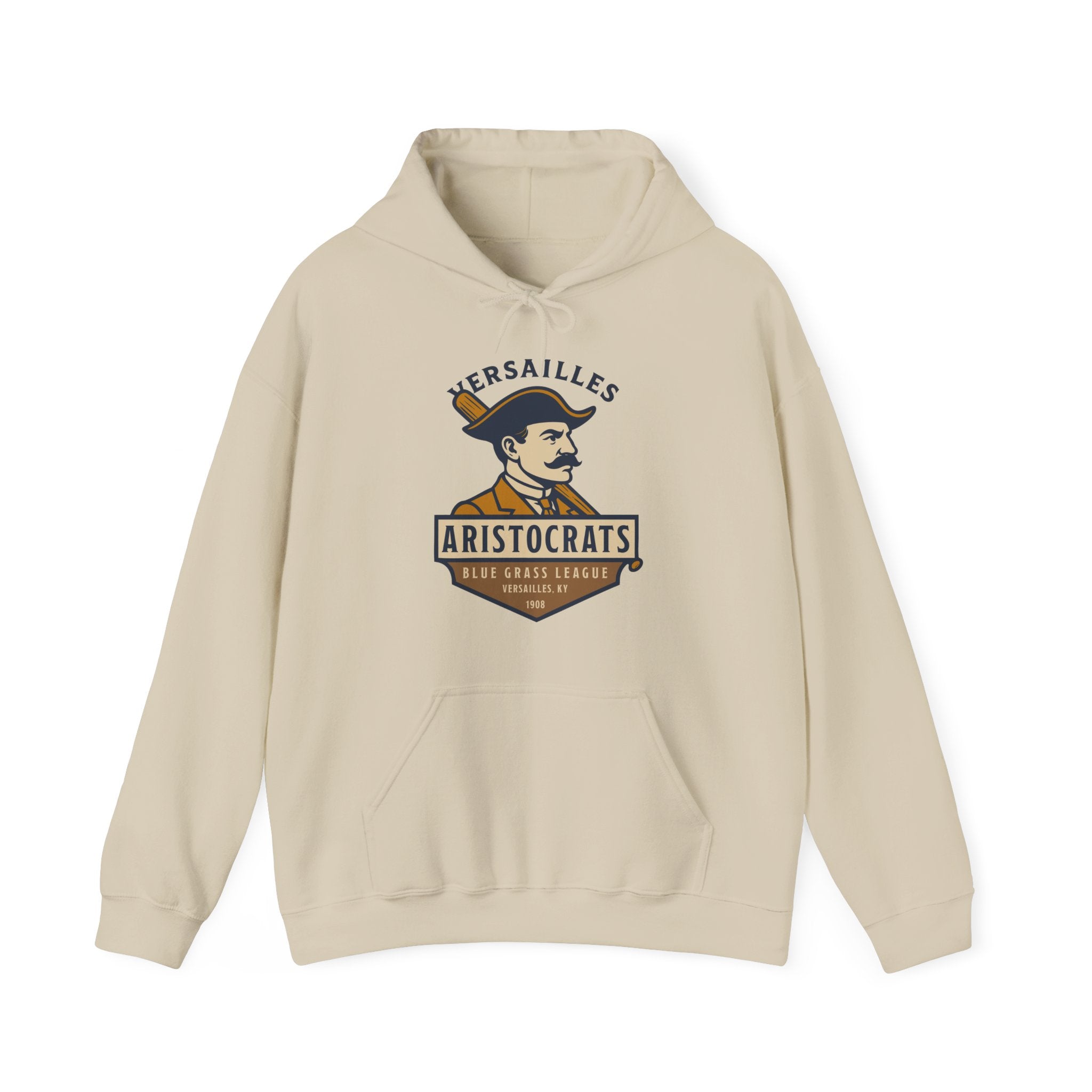 Beige hoodie featuring vintage Versailles Aristocrats baseball team logo from Kentucky Blue Grass League.