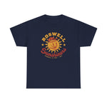 Roswell Sunshiners Heavyweight T-Shirt in navy with the Roswell Sunshiners logo, a smiling baseball sun in a red cap, with Sunshiners in red script on the front
