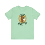 Ocala Yearlings Premium Lightweight T-Shirt in mint with the horse head peeking through a gold horseshoe wearing a green cap on the front