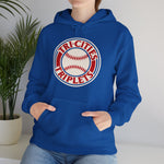 Tri-Cities Triplets Hoodie in royal with the Tri-Cities Triplets logo, red lettering circling a baseball on the front, worn by model