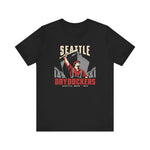 Seattle Drydockers Premium Lightweight T-Shirt in black with the Seattle Drydockers logo, a shipyard worker raising a bat in front of a ship in drydock on the front