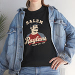 Salem Raglans Heavyweight T-Shirt in black with the Salem Raglans logo, a mustached ballplayer in a raglan shirt on the front, worn by model