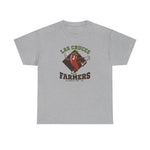 Las Cruces Farmers Heavyweight T-Shirt in sport grey with the Las Cruces Farmers logo, a red chile pepper pitcher in a high-kick windup on a brown diamond, with Farmers in brown block letters on the front