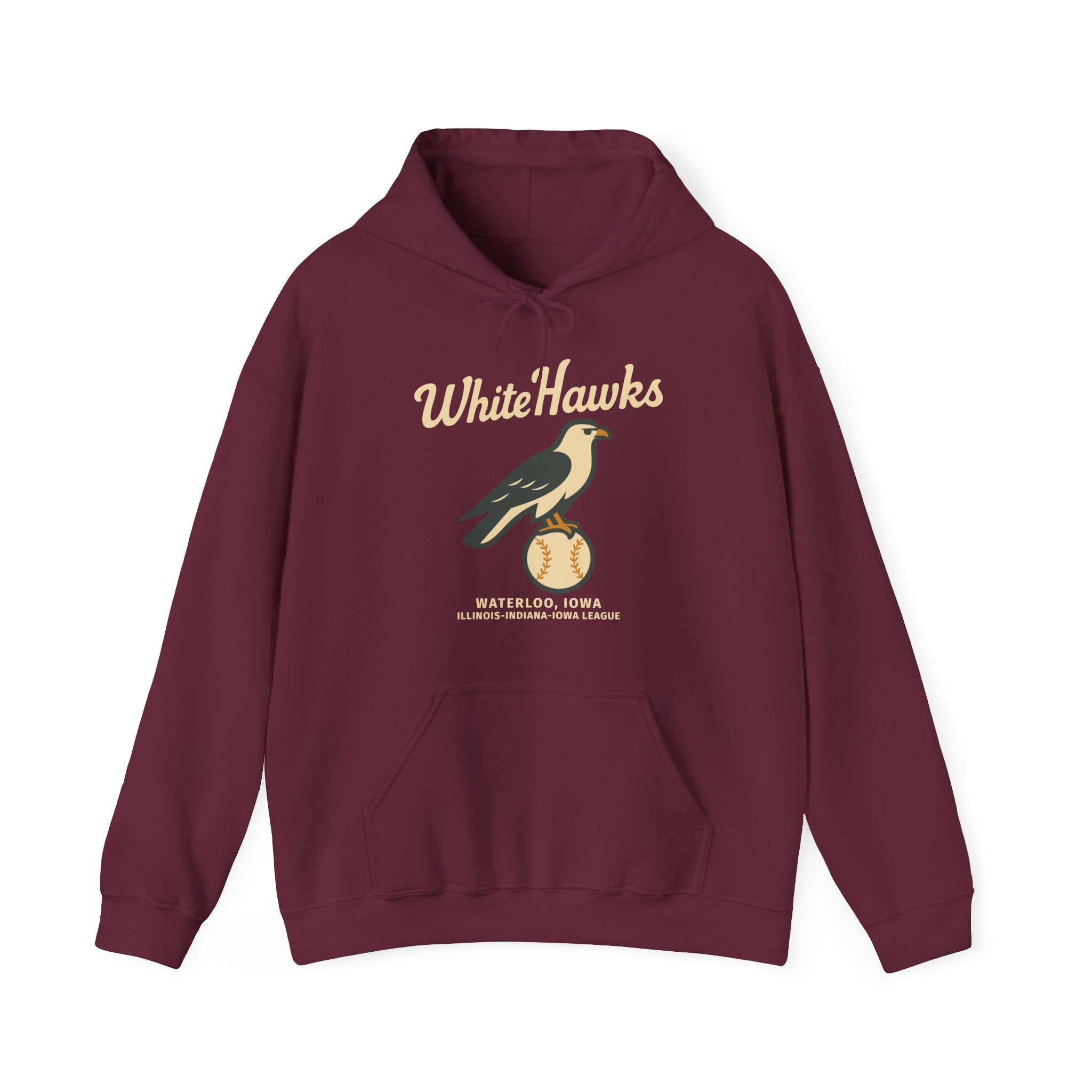 Maroon hoodie featuring vintage White Hawks baseball team logo from Waterloo Iowa with front pocket and drawstring hood