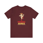 Providence Rubes Premium Lightweight T-Shirt in maroon with the Providence Rubes logo, a 1920s pitcher in a straw farmer's hat with a stalk of wheat in his teeth at the top of his leg kick, over Providence Rubes 1926 Champions on the front