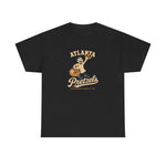 Atlanta Pretzels Heavyweight T-Shirt in black with the cream cartoon baker holding a pretzel and basket on the front