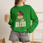 Globe Bears Crewneck Sweatshirt in irish green with the Globe Bears logo, a scowling bear cub in a ball cap and glove on the front, worn by model