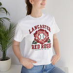 Lancaster Red Roses Premium Lightweight T-Shirt in white with the Lancaster Red Roses logo, a red rose with a baseball at its center on the front, worn by model