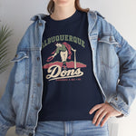 Albuquerque Dons Heavyweight T-Shirt in navy with the Albuquerque Dons logo, a caped ballplayer bowing with his hat swept off in front of pink mountains, with Dons in cream script on the front, worn by model